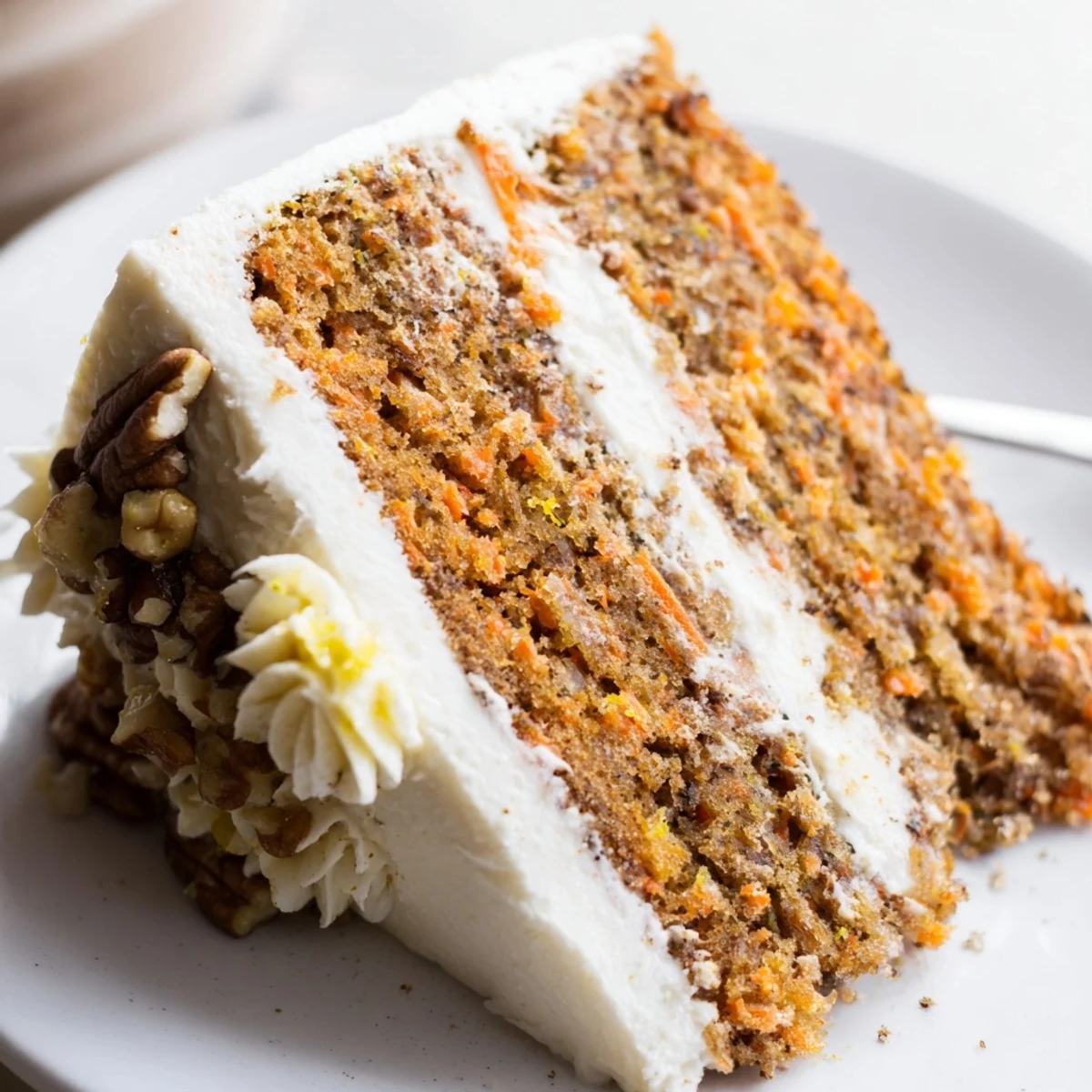 Homemade Carrot Cake With Cream Cheese Frosting topped with chopped walnuts.  
