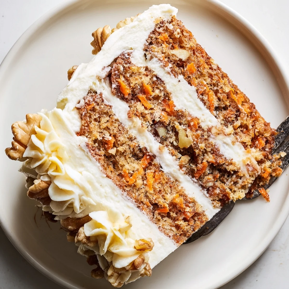 Classic Carrot Cake With Cream Cheese Frosting served beside steaming cup of tea.