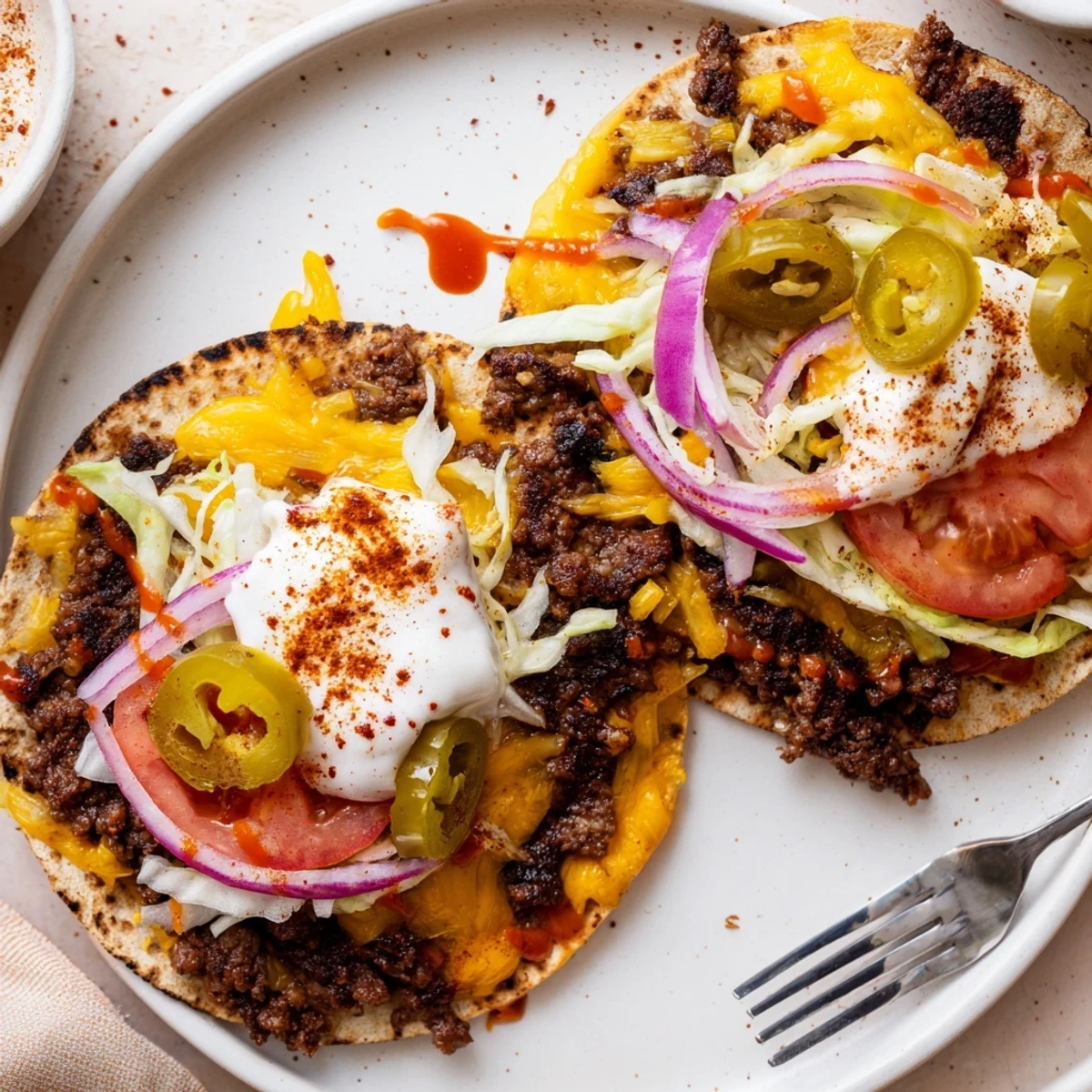 Plate of Cheesy Smash Tacos folded warm, topped with shredded lettuce, pico de gallo