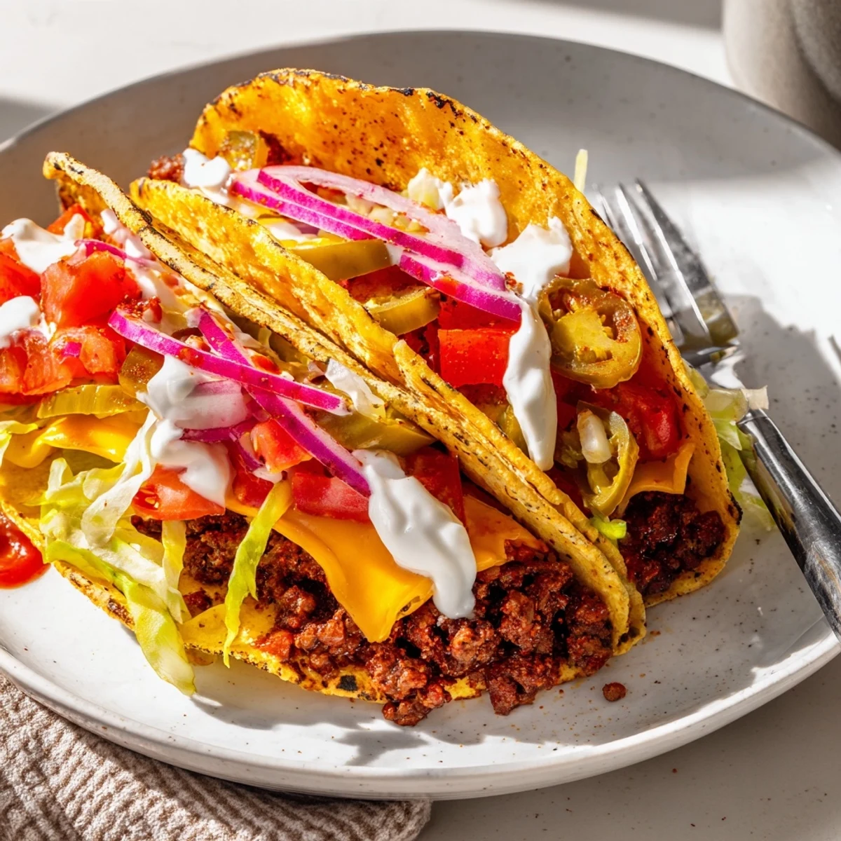 Skillet-seared Cheesy Smash Tacos oozing cheese, served with spicy mayo drizzle
