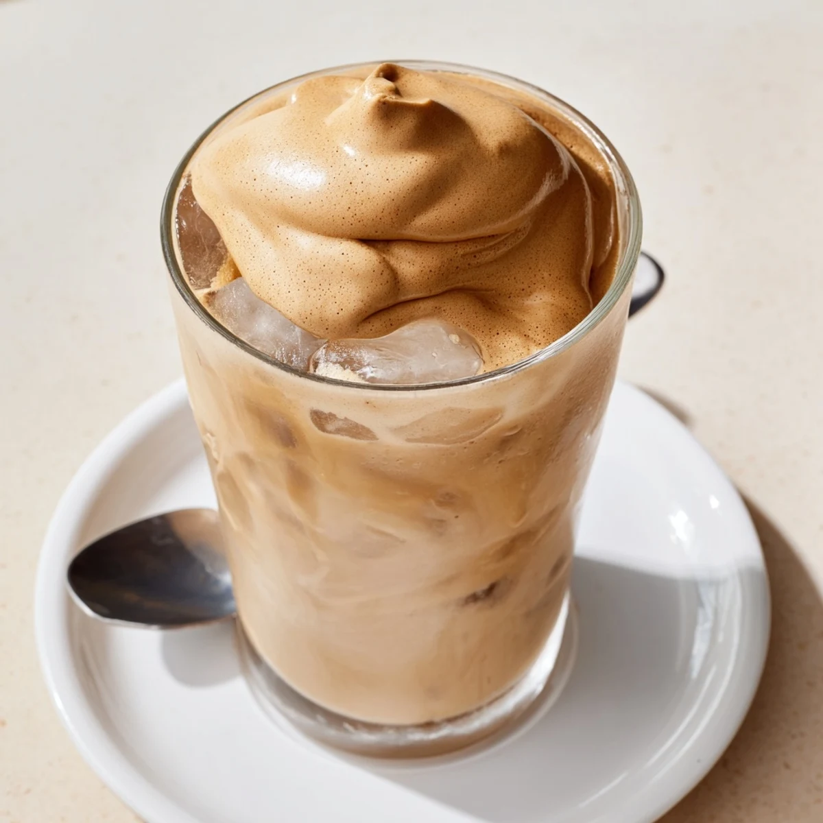 Dalgona Coffee with airy whipped coffee topping layered over cold milk