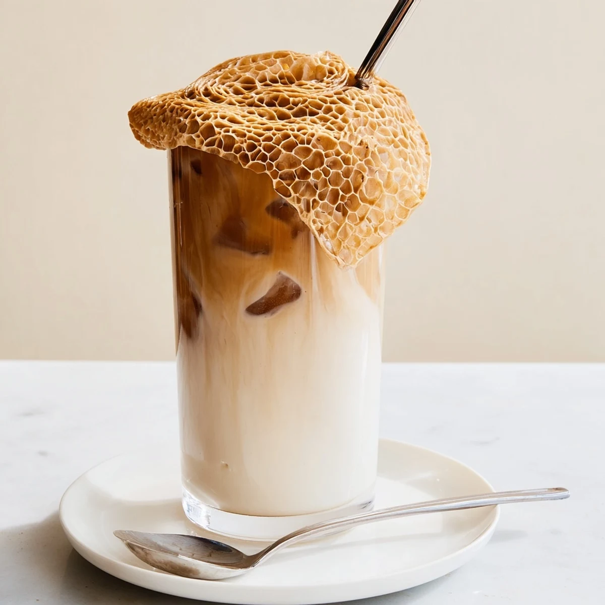 Glass of Dalgona Coffee crowned with velvety foam, served over ice