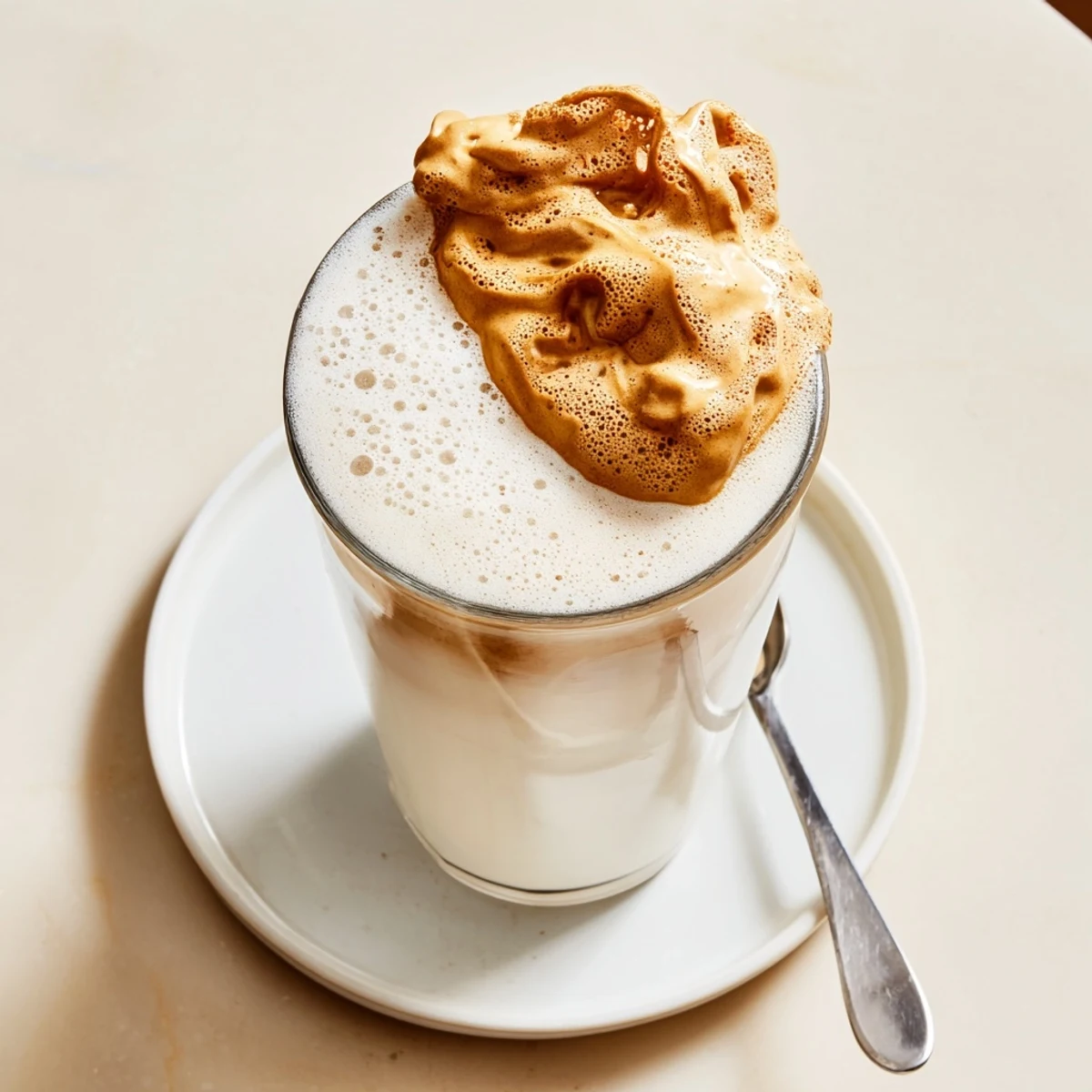 Two servings of Dalgona Coffee, foamy peaks glistening, ready to stir