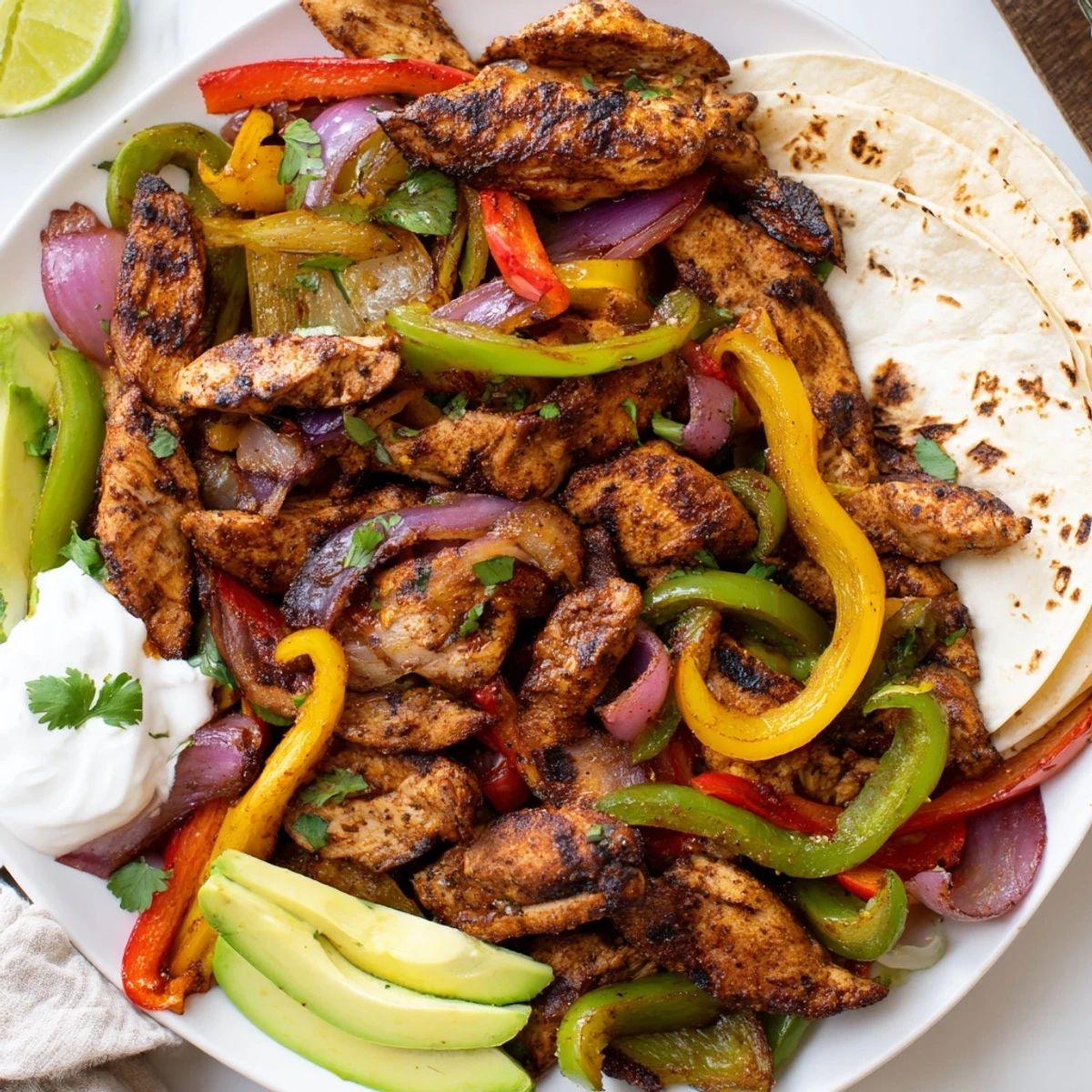 Oven-roasted Sheet Pan Chicken Fajitas piled with cilantro, lime wedges, creamy guacamole.