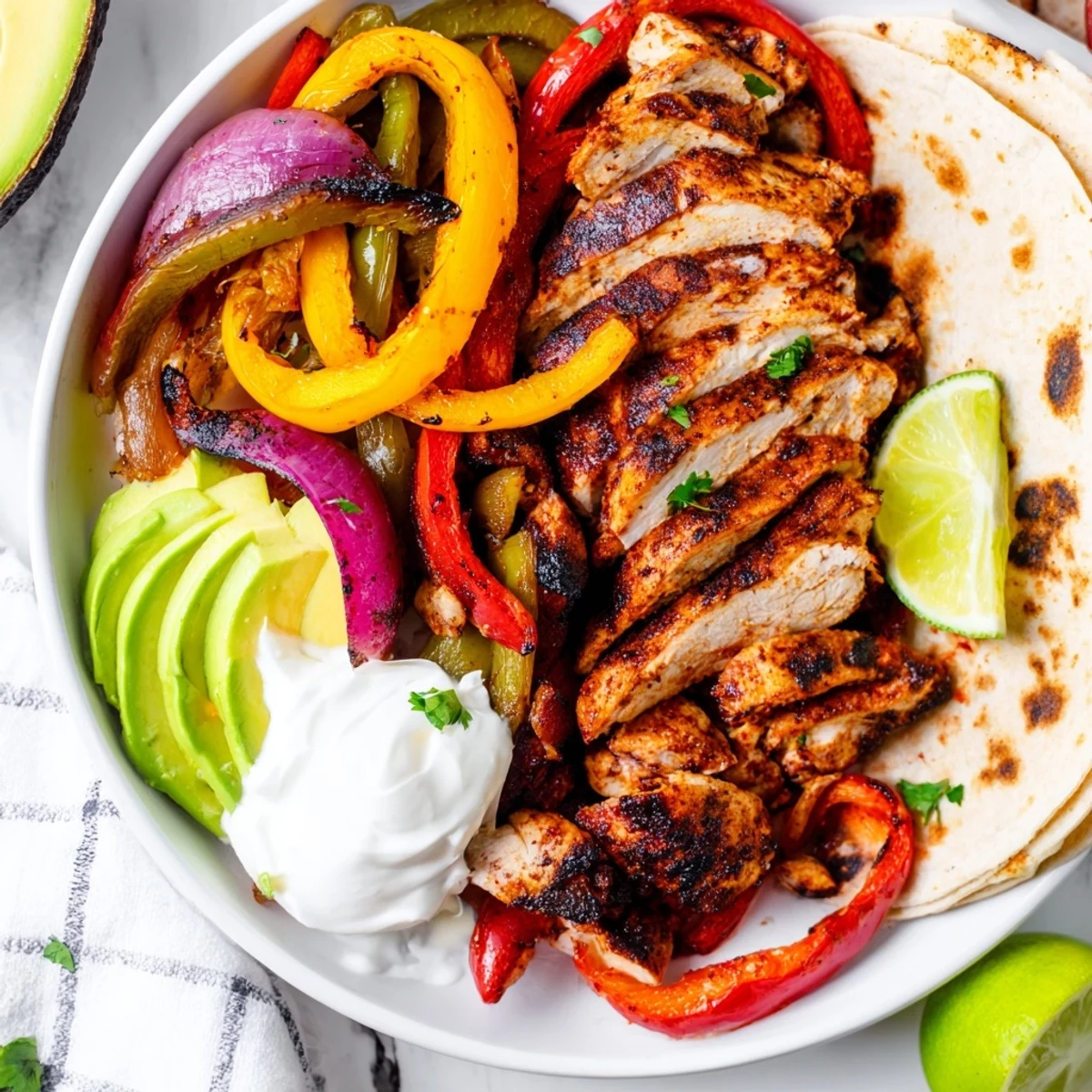 Sheet Pan Chicken Fajitas with charred peppers, juicy chicken, warmed tortillas nearby.