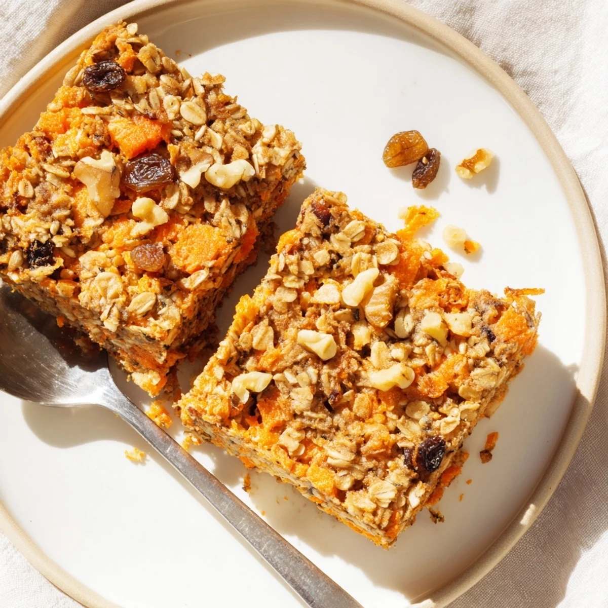 Spoonful of warm spiced carrot cake baked oatmeal topped with cream cheese glaze for breakfast
