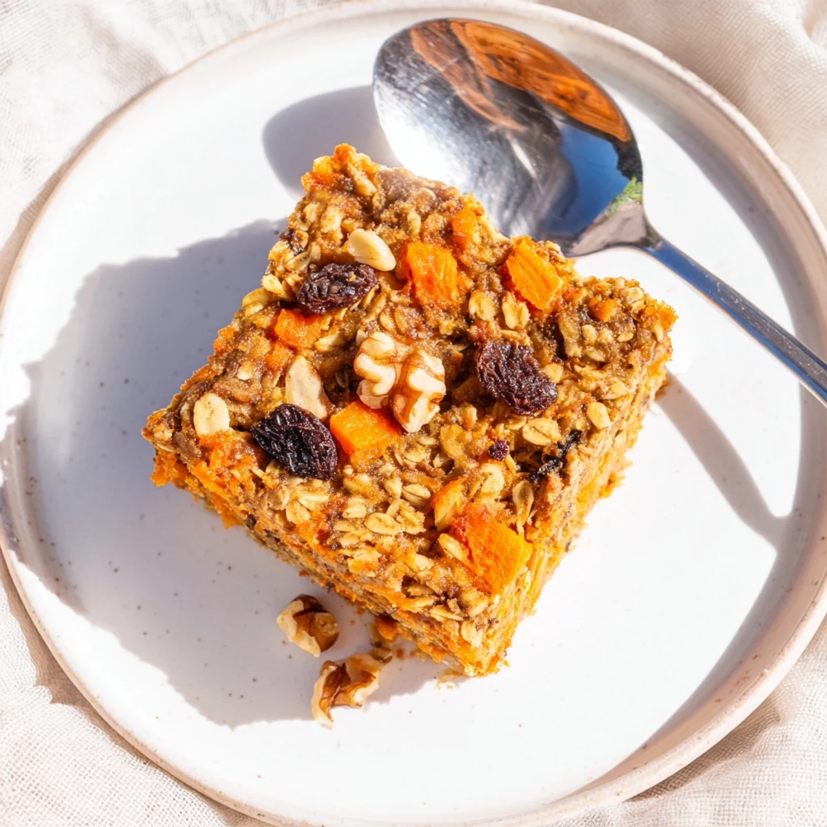 Golden brown carrot cake baked oatmeal sprinkled with walnuts and raisins, fresh from the oven
