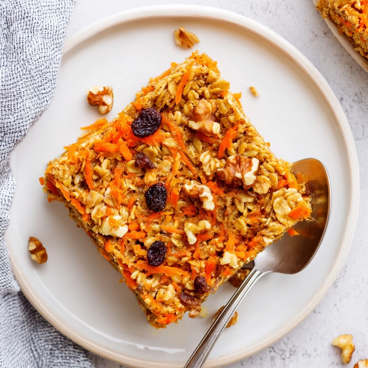 Nine by nine inch pan of wholesome carrot cake baked oatmeal with grated carrots and cinnamon