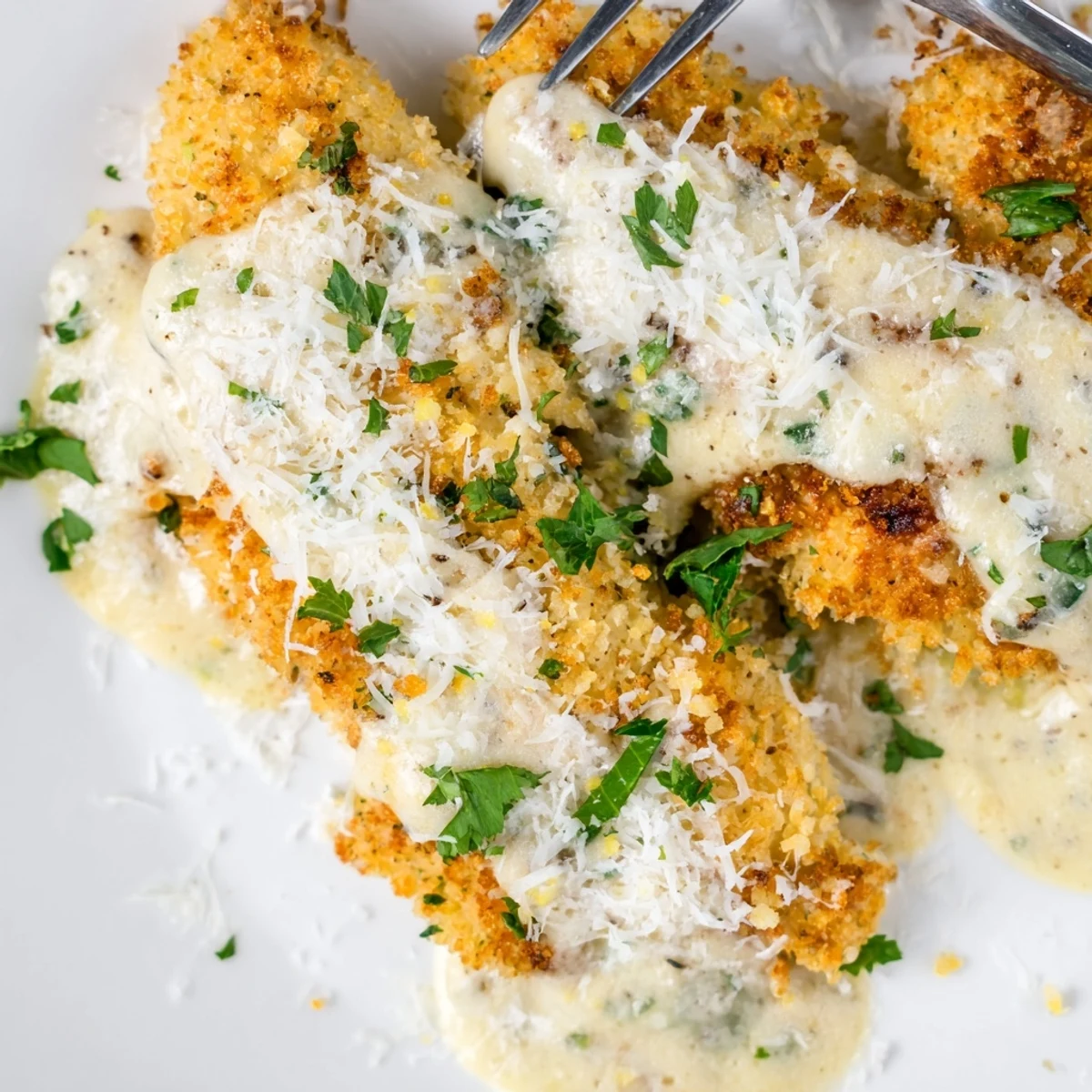 Pan-fried crispy chicken coated in crunchy panko topped with smooth garlic cream sauce