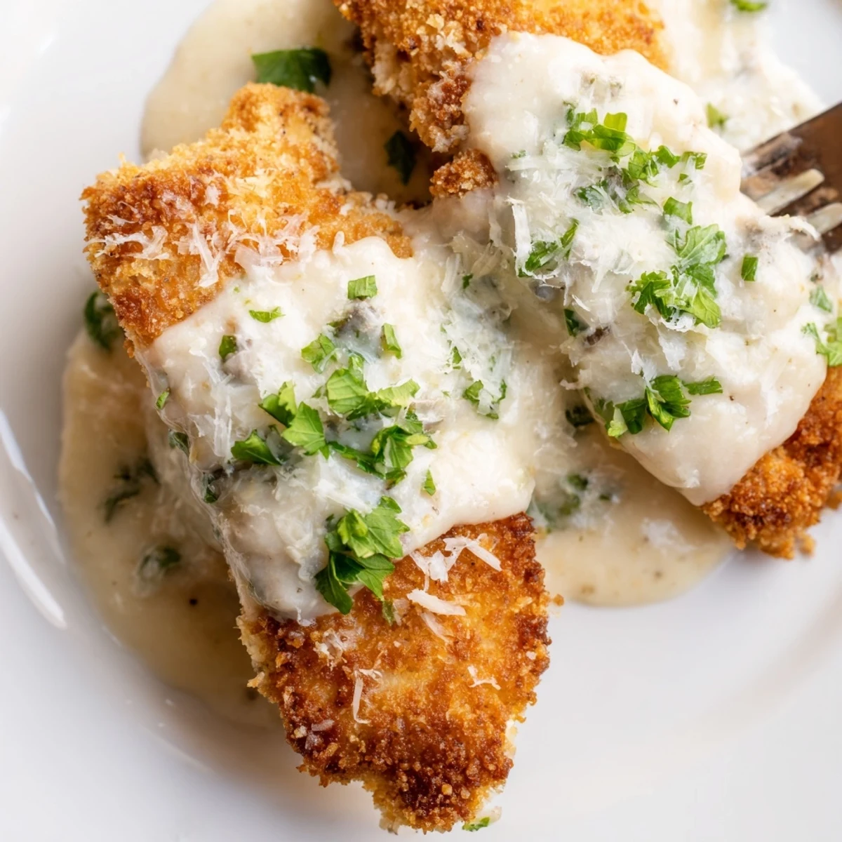 Golden brown crispy chicken breasts drizzled with rich velvety Parmesan cream sauce