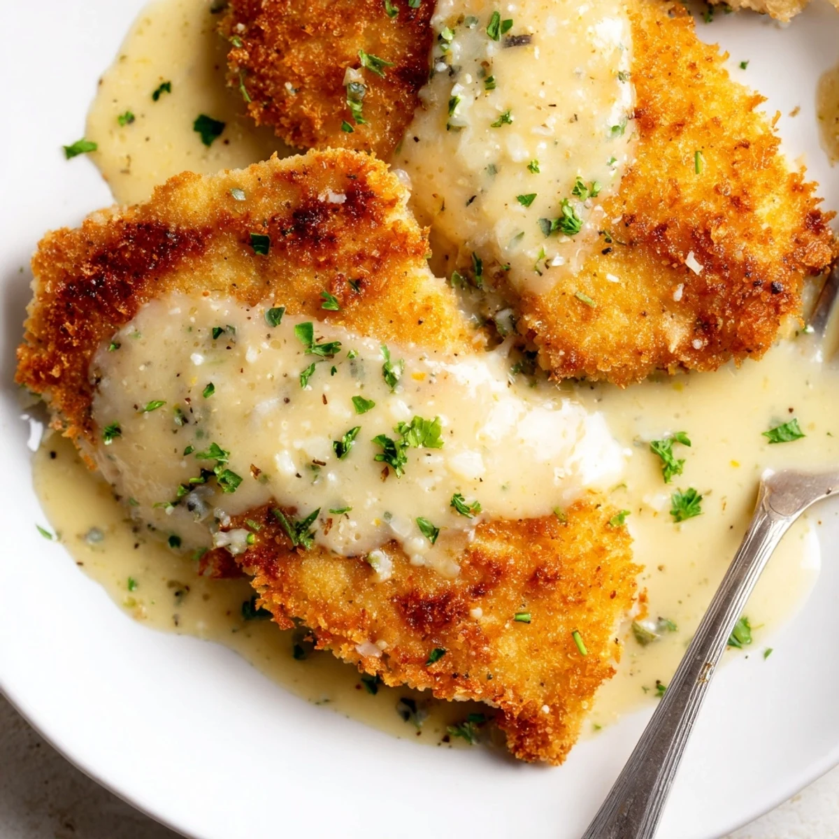 Creamy sauce generously poured over golden breaded chicken breasts garnished with fresh parsley