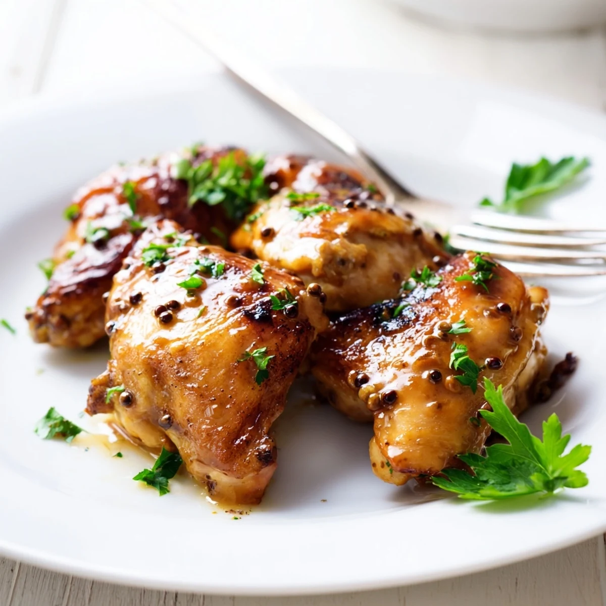 Golden oven baked honey mustard chicken breasts glazed with sweet tangy sauce and fresh parsley garnish