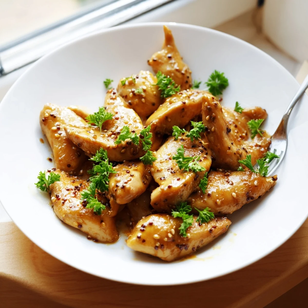 Juicy oven baked honey mustard chicken resting on a white plate with caramelized honey mustard coating