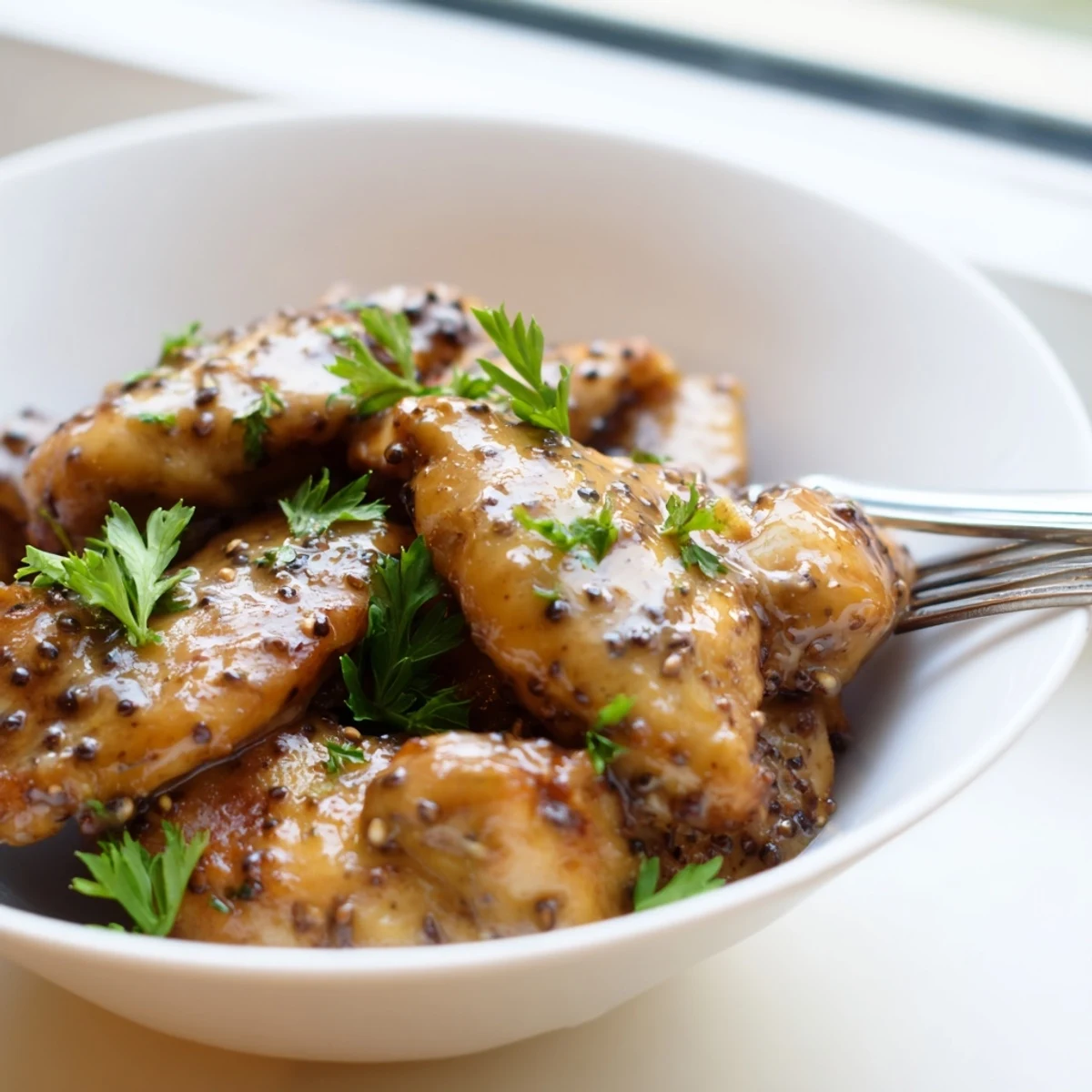 Close up of oven baked honey mustard chicken showing crispy golden edges and thick honey mustard glaze