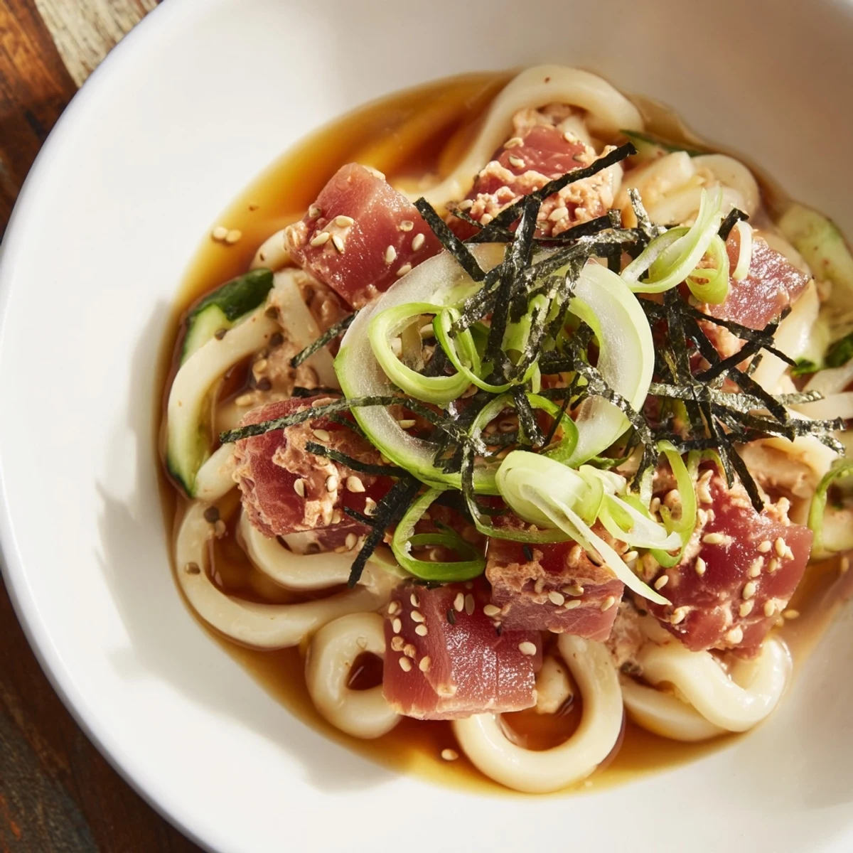 Bowl of spicy tuna udon noodles topped with fresh cucumber, green onions, and sesame seeds