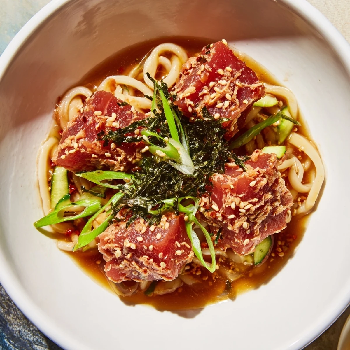 Japanese-style spicy tuna udon noodle soup with nori seaweed and diced tender tuna