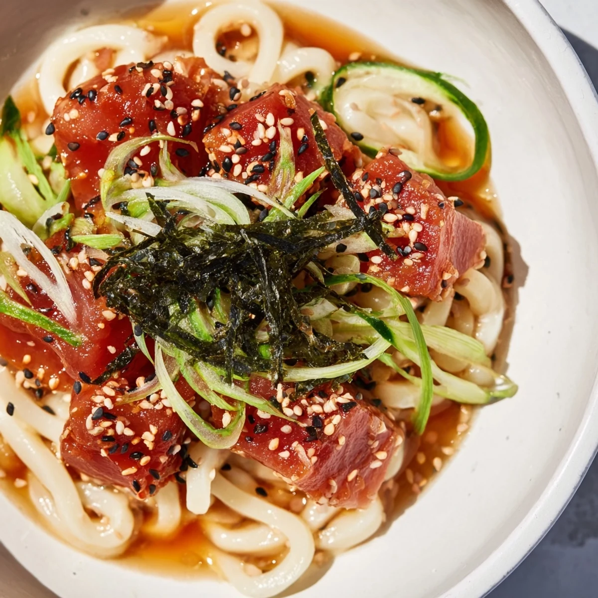 Steamy udon noodle bowl featuring spicy marinated tuna with colorful vegetable garnishes