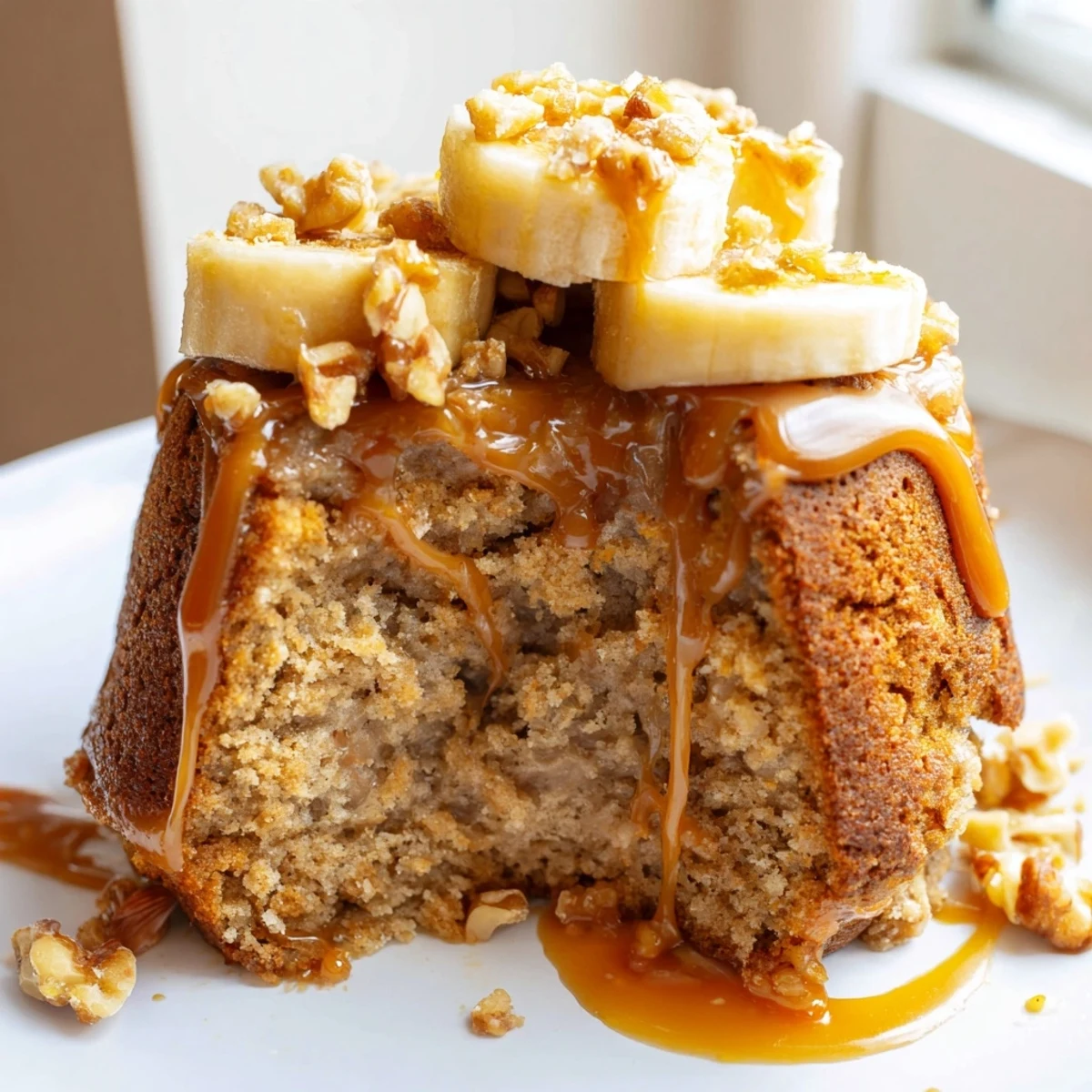 Golden brown salted caramel brown butter banana cake topped with glossy amber caramel sauce