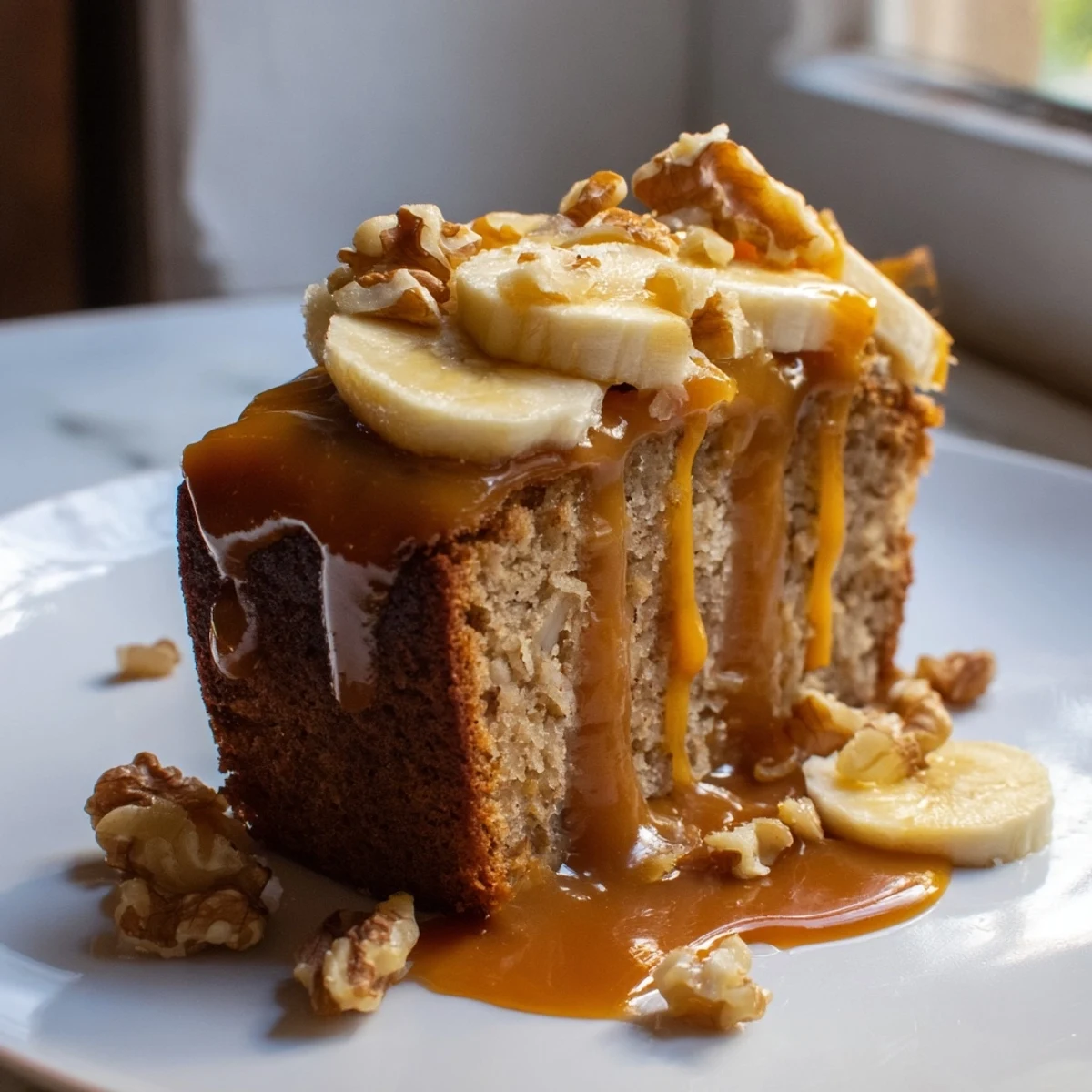 Moist salted caramel brown butter banana cake served on a white plate with caramel pooling at edges