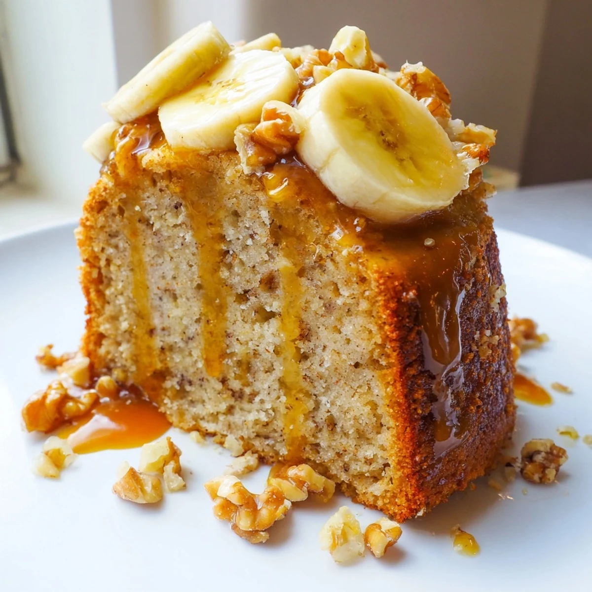 Rich slice of salted caramel brown butter banana cake drizzled with buttery caramel and sea salt