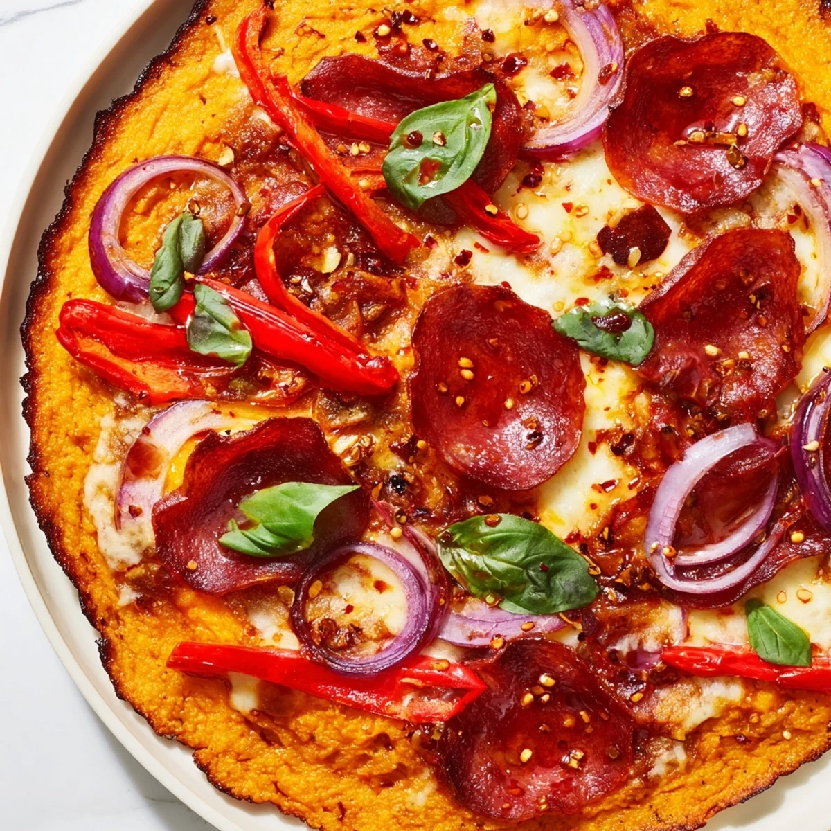 Golden sweet potato crust topped with bubbling mozzarella pepperoni and drizzled spicy hot honey