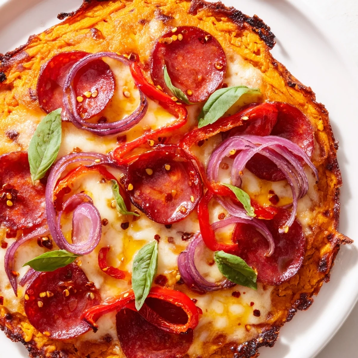 Gluten-free pepperoni hot honey pizza featuring crisp vegetable crust with melted cheese and red pepper flakes
