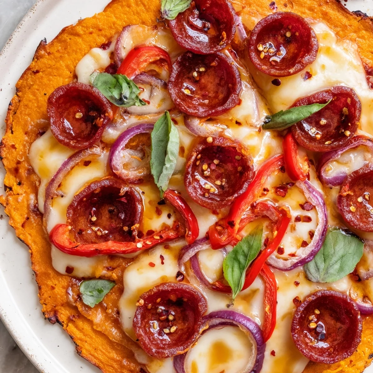 Sliced pepperoni hot honey pizza on sweet potato crust garnished with fresh basil and chili flakes