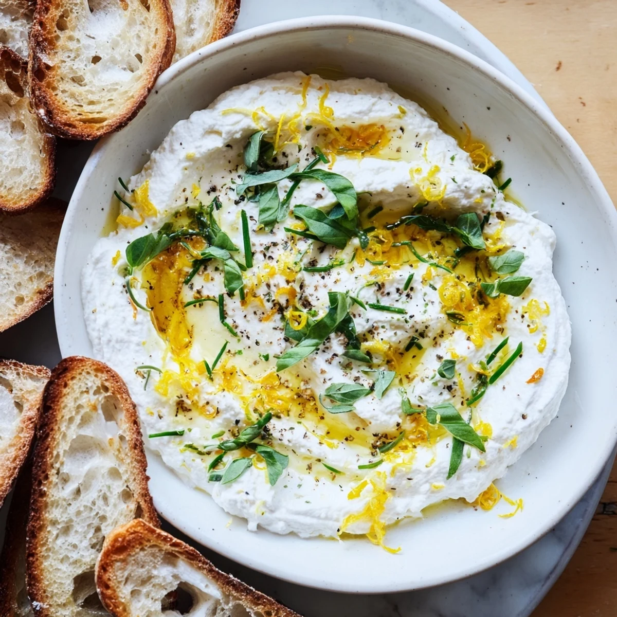 Creamy whipped ricotta spread topped with honey and fresh herbs on a wooden board