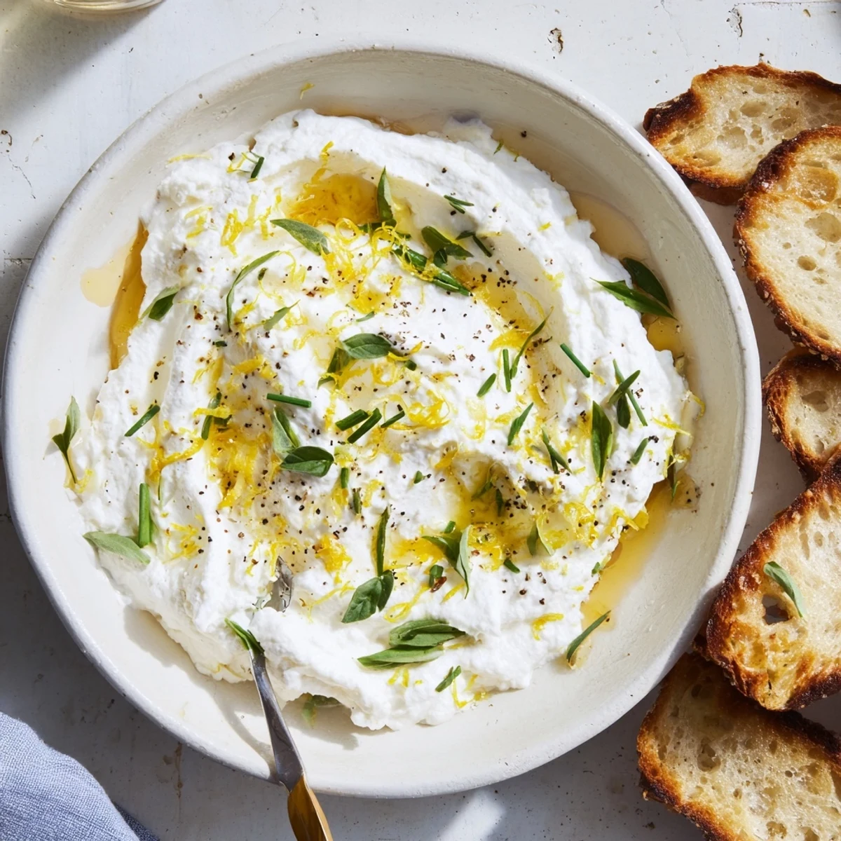 Light and fluffy whipped ricotta dip served with crispy toasted crostini for appetizers