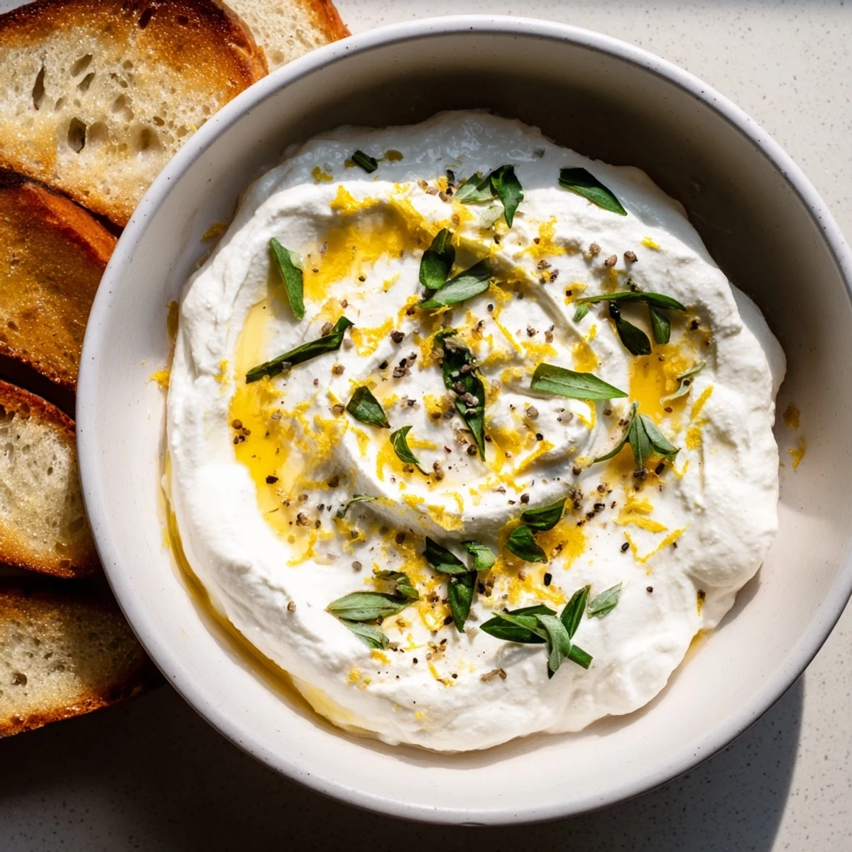 Smooth whipped ricotta cheese bowl garnished with lemon zest and flaky sea salt