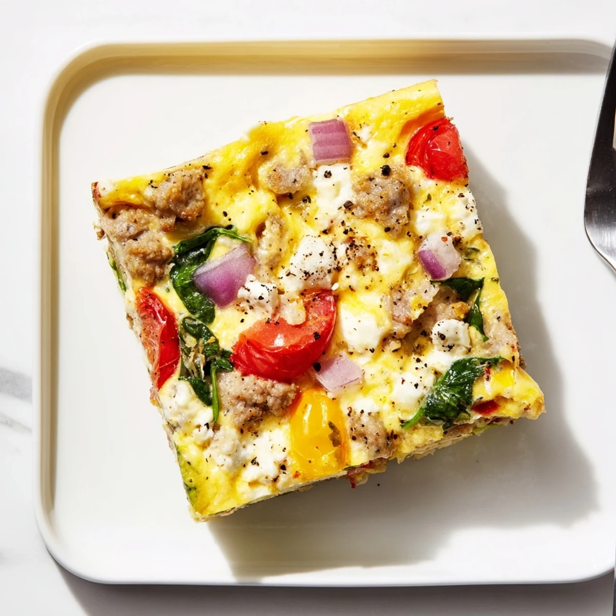 Golden baked high protein egg casserole featuring melted cheddar and colorful vegetables in a square baking dish