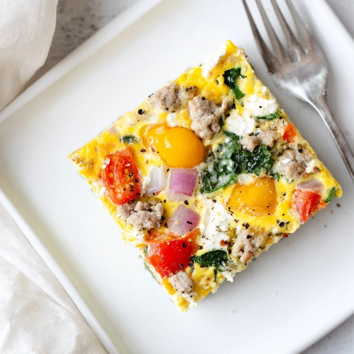 Sliced high protein egg casserole breakfast with fluffy eggs, turkey sausage, spinach, and cherry tomato toppings