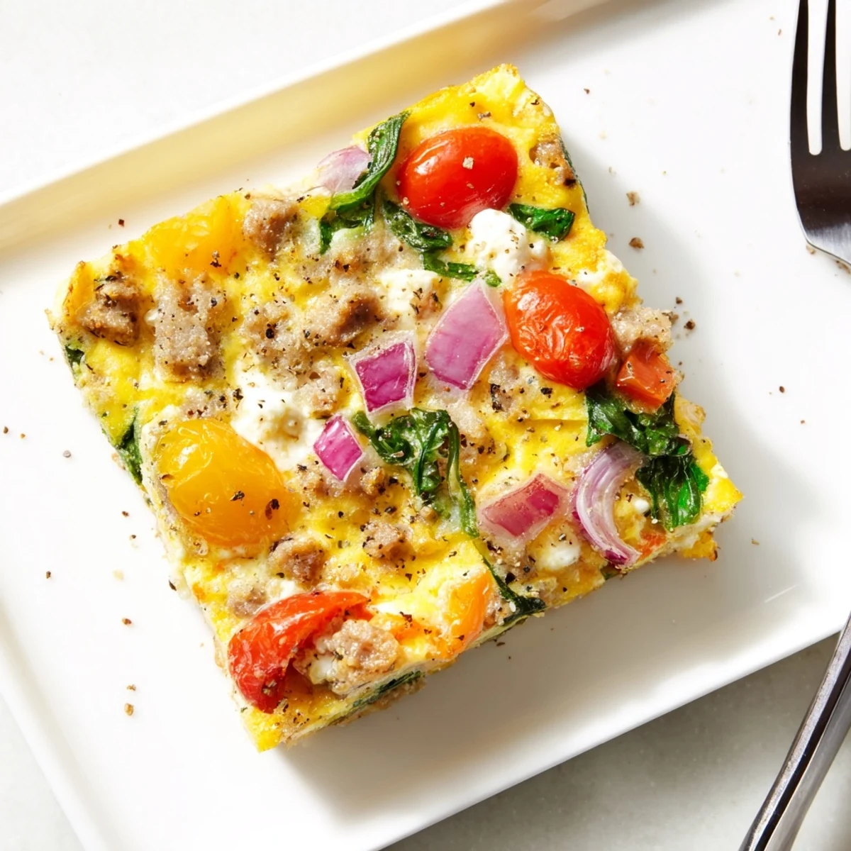 Warm square of high protein egg casserole served on a white plate with vibrant bell pepper and spinach layers