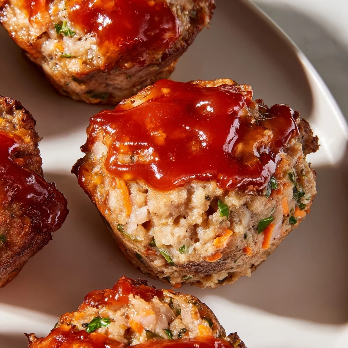 Golden glazed turkey meatloaf muffins fresh from the oven with caramelized ketchup tops