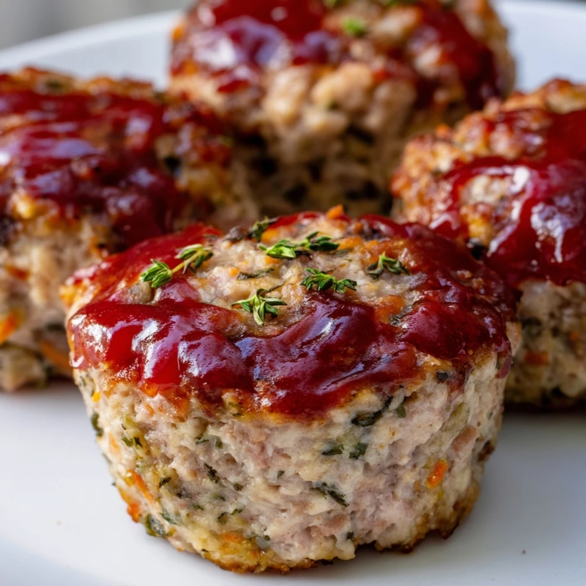 Six moist turkey meatloaf muffins brushed with tangy ketchup mustard glaze and fresh herbs
