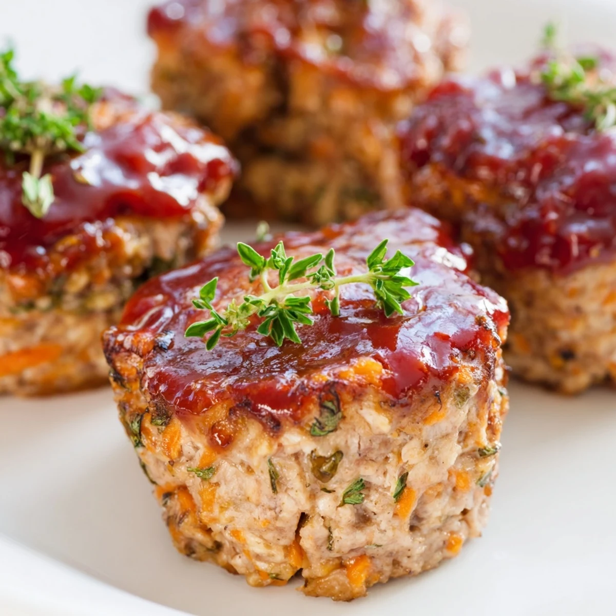 Individual portions of savory turkey meatloaf muffins with brown sugar glaze on white muffin tin
