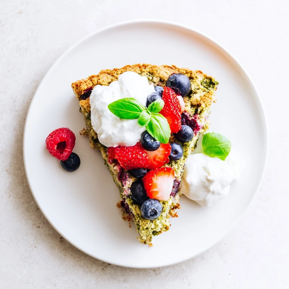 Slice of moist basil berry cake revealing juicy berries and flecks of fresh basil