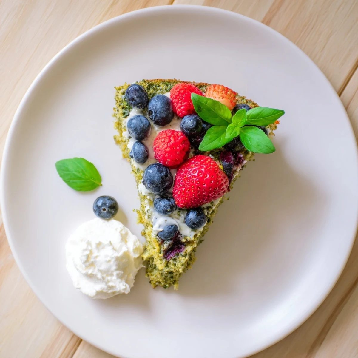 Golden basil berry cake topped with fresh mixed berries and green basil garnish