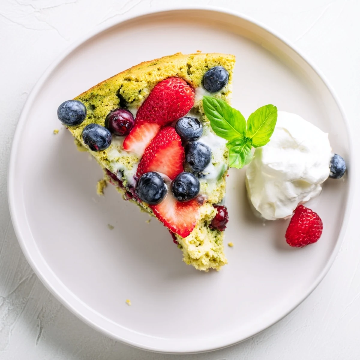 Homemade basil berry cake on serving plate with whipped cream and colorful berry topping