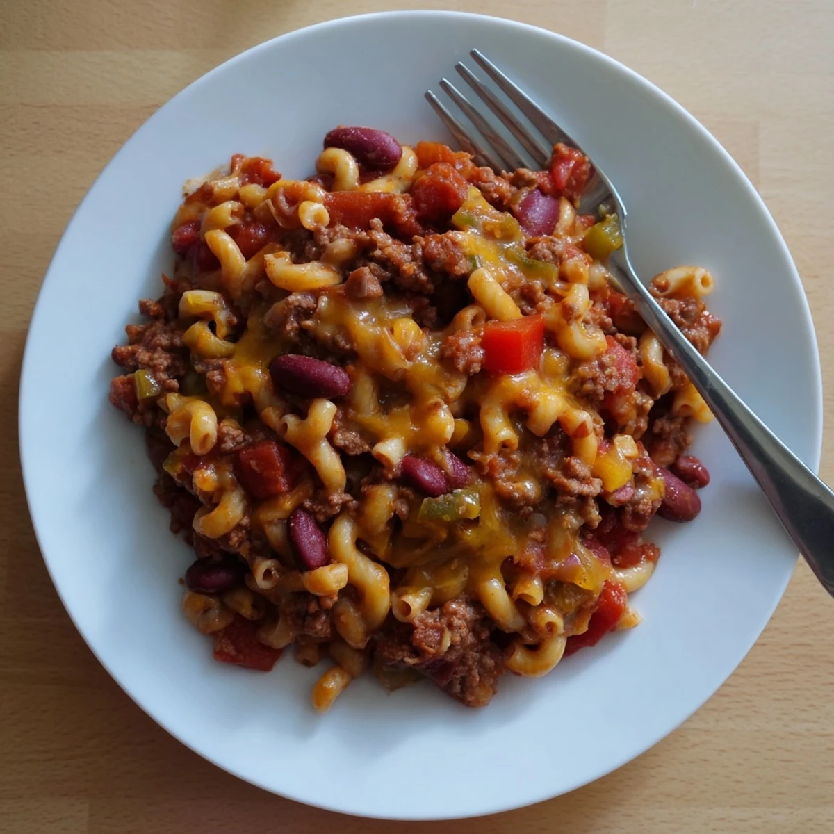 Golden chili mac and cheese recipe bubbling with melted cheddar over beef and pasta