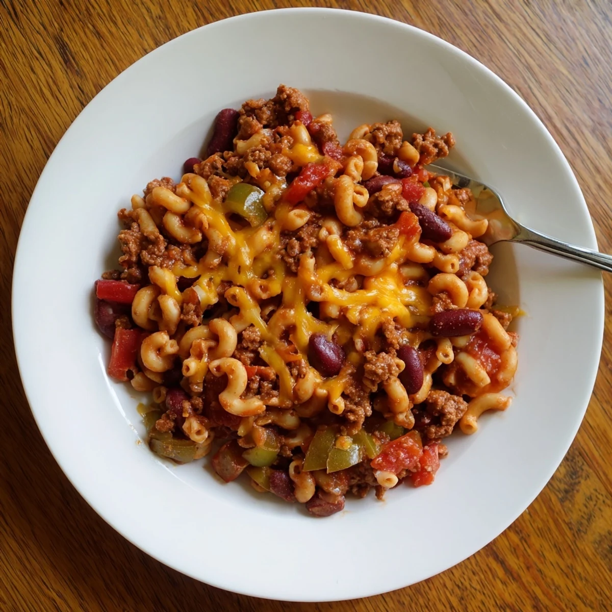 Hearty bowl of chili mac and cheese recipe topped with extra shredded cheese