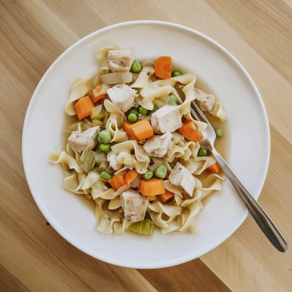 Golden one pot chicken and noodles simmered with tender vegetables in a rich, creamy broth
