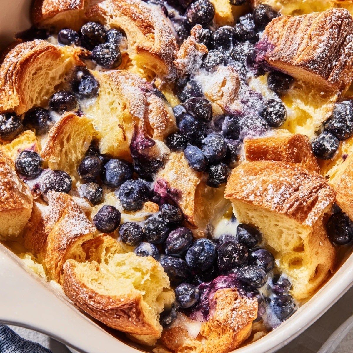 Golden blueberry cream cheese croissant casserole with powdered sugar dusting on a white serving plate