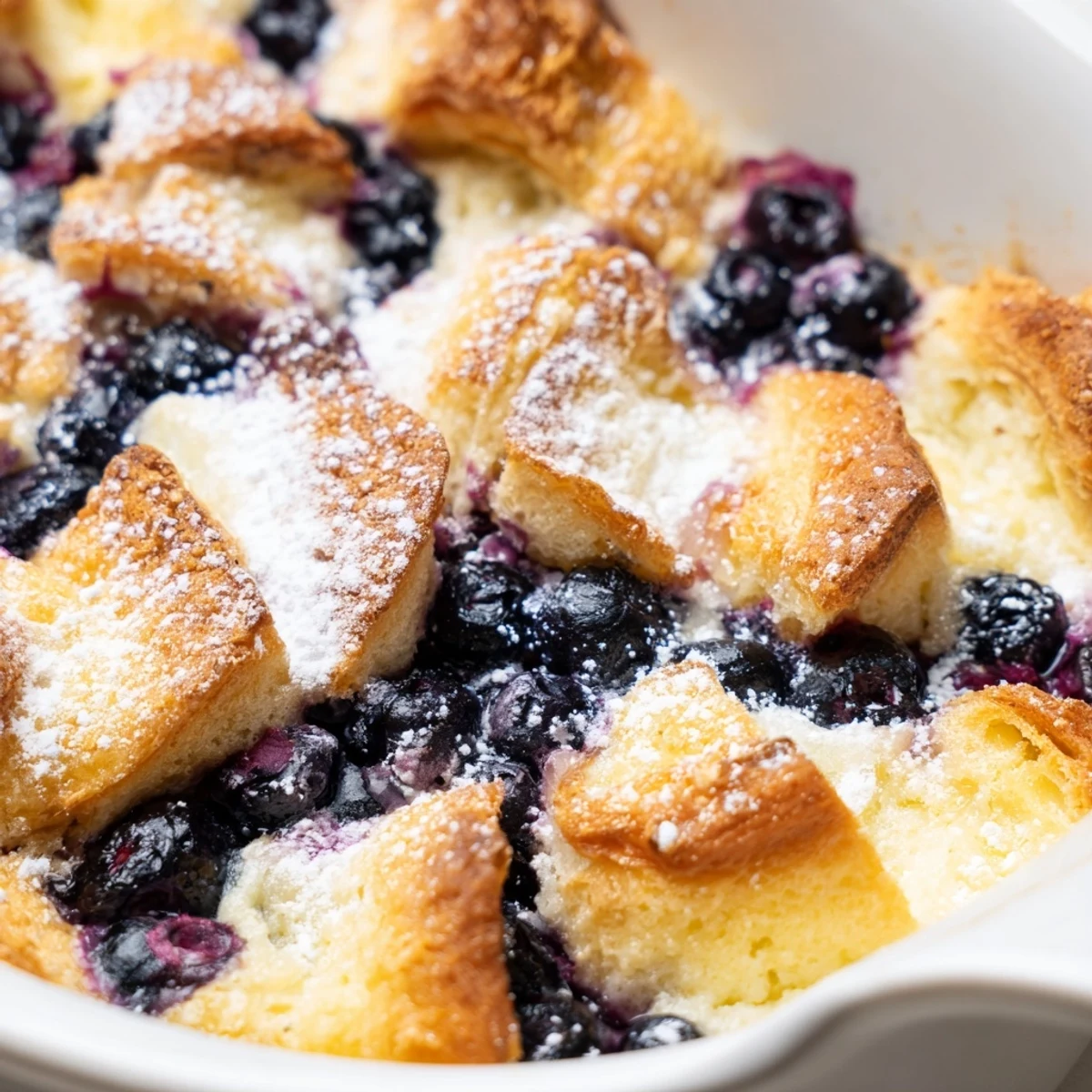Warm blueberry cream cheese croissant casserole served fresh from the oven with sweet blueberry topping