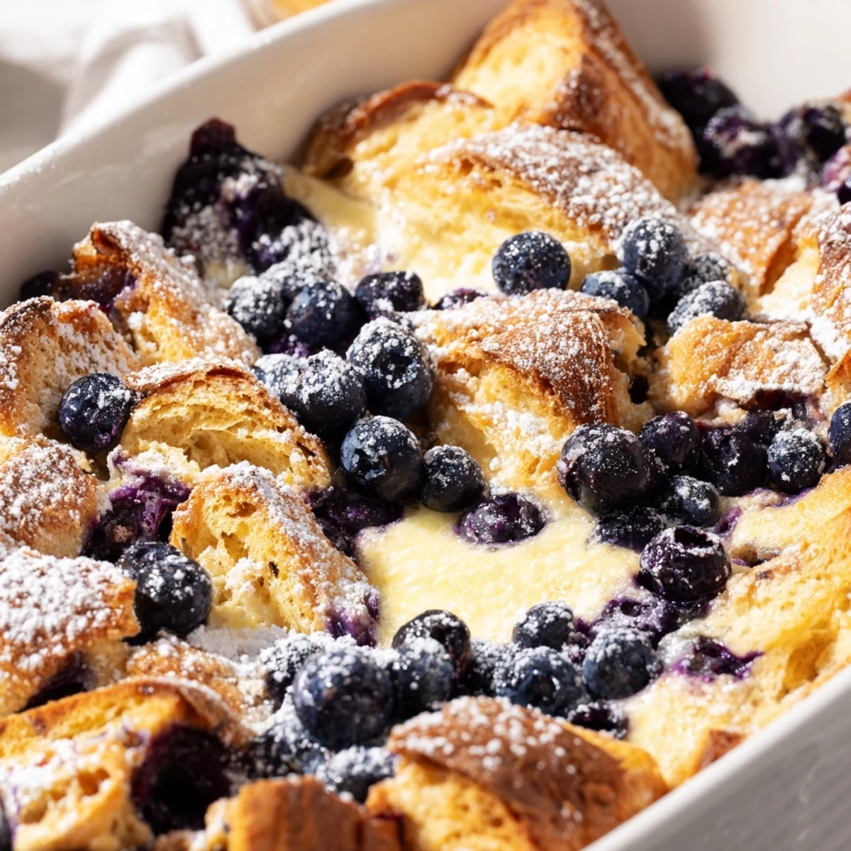 Buttery croissant pieces layered with fresh blueberries and creamy custard baked until golden brown