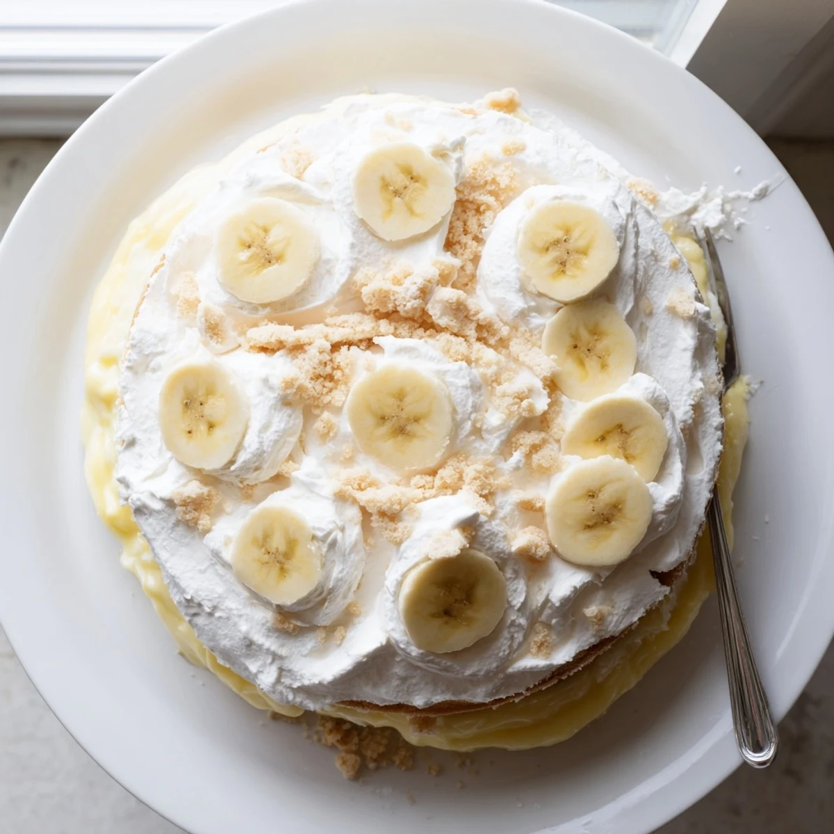 Golden banana pudding cake layered with creamy vanilla filling and topped with fresh sliced bananas