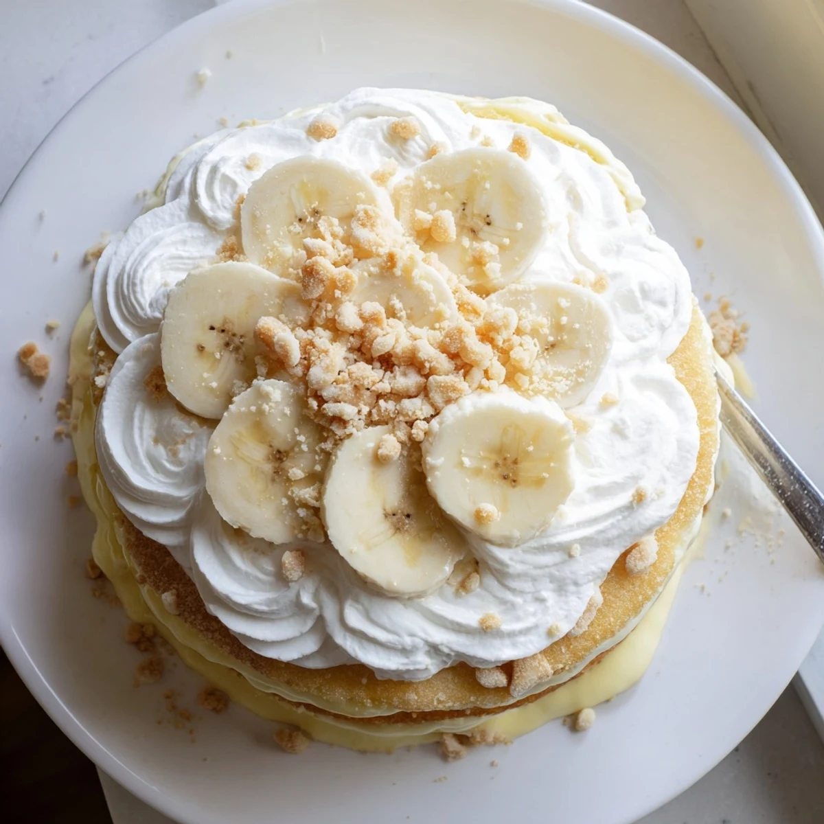 Southern-style banana pudding cake featuring whipped cream clouds and crunchy vanilla wafer cookie crumbles
