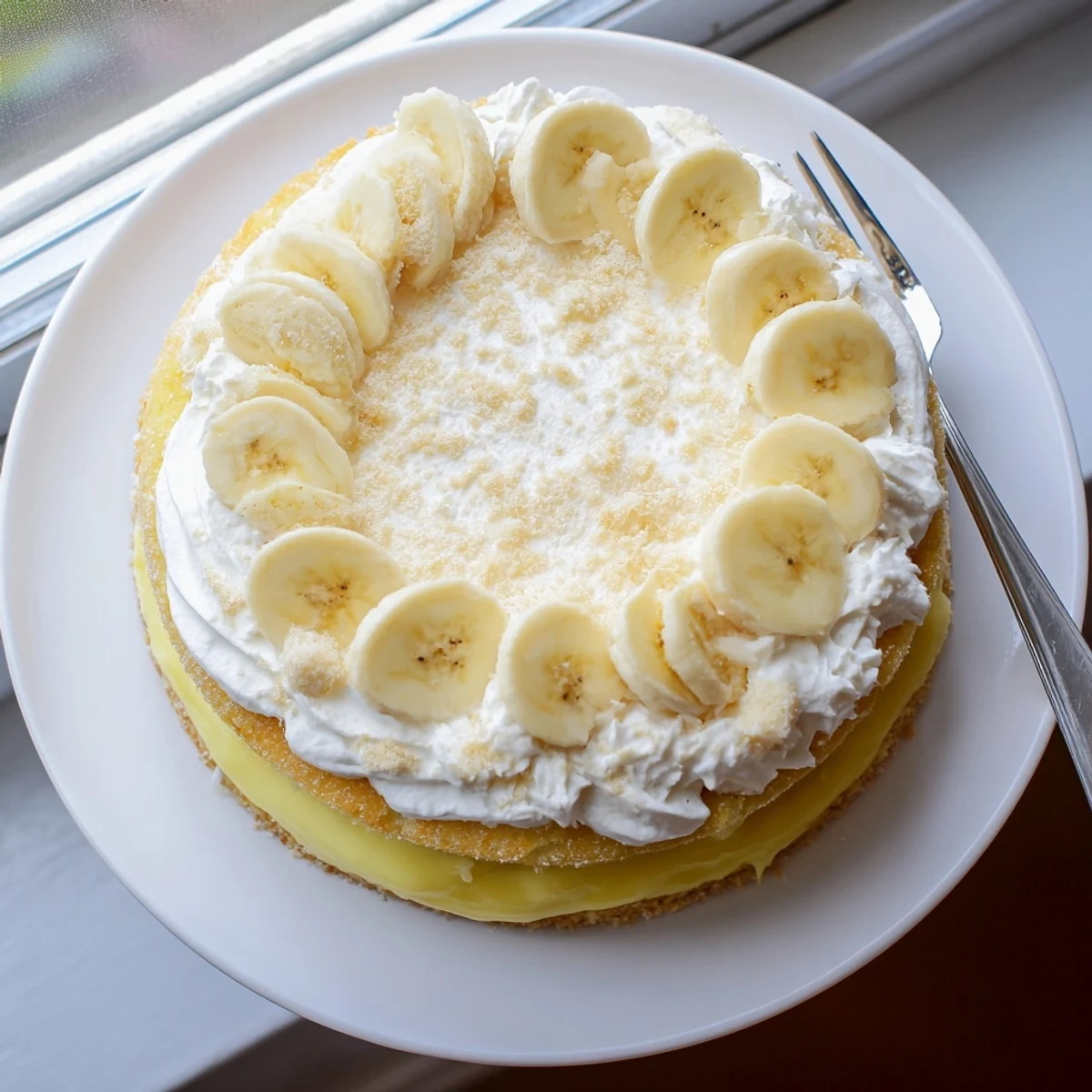 Moist banana cake stacked with rich pudding, whipped topping, and scattered vanilla wafers on a white serving plate