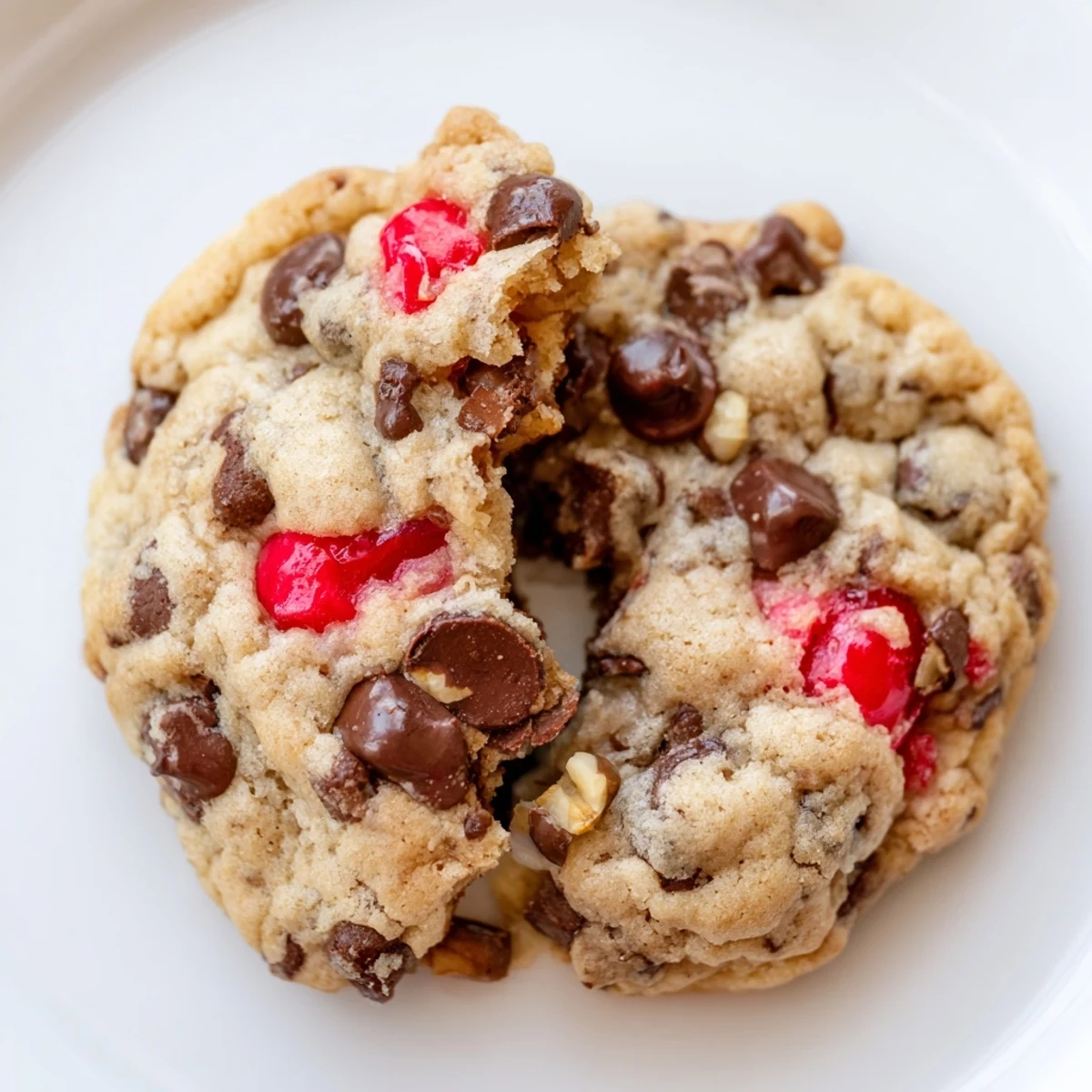 Soft batch maraschino cherry chocolate chip cookies on a wooden cutting board with cherries visible