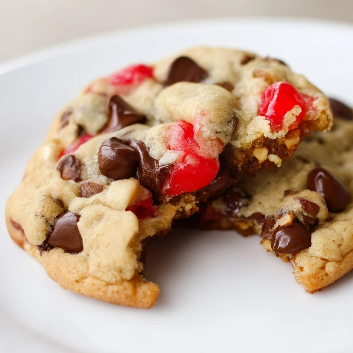 Golden maraschino cherry chocolate chip cookies fresh from the oven with melted chocolate chips